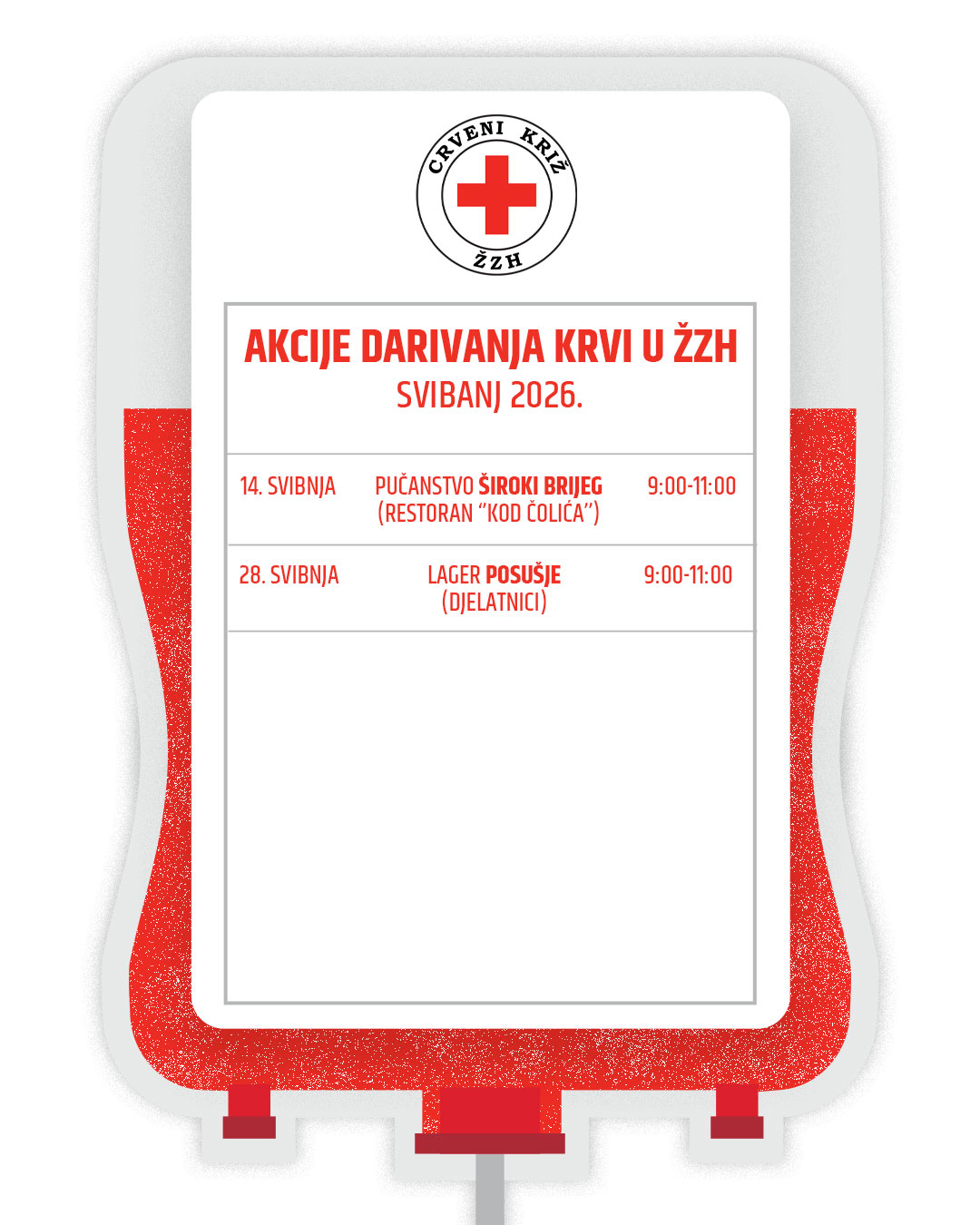 Raspored akcija darivanja krvi u svibnju na području ŽZH